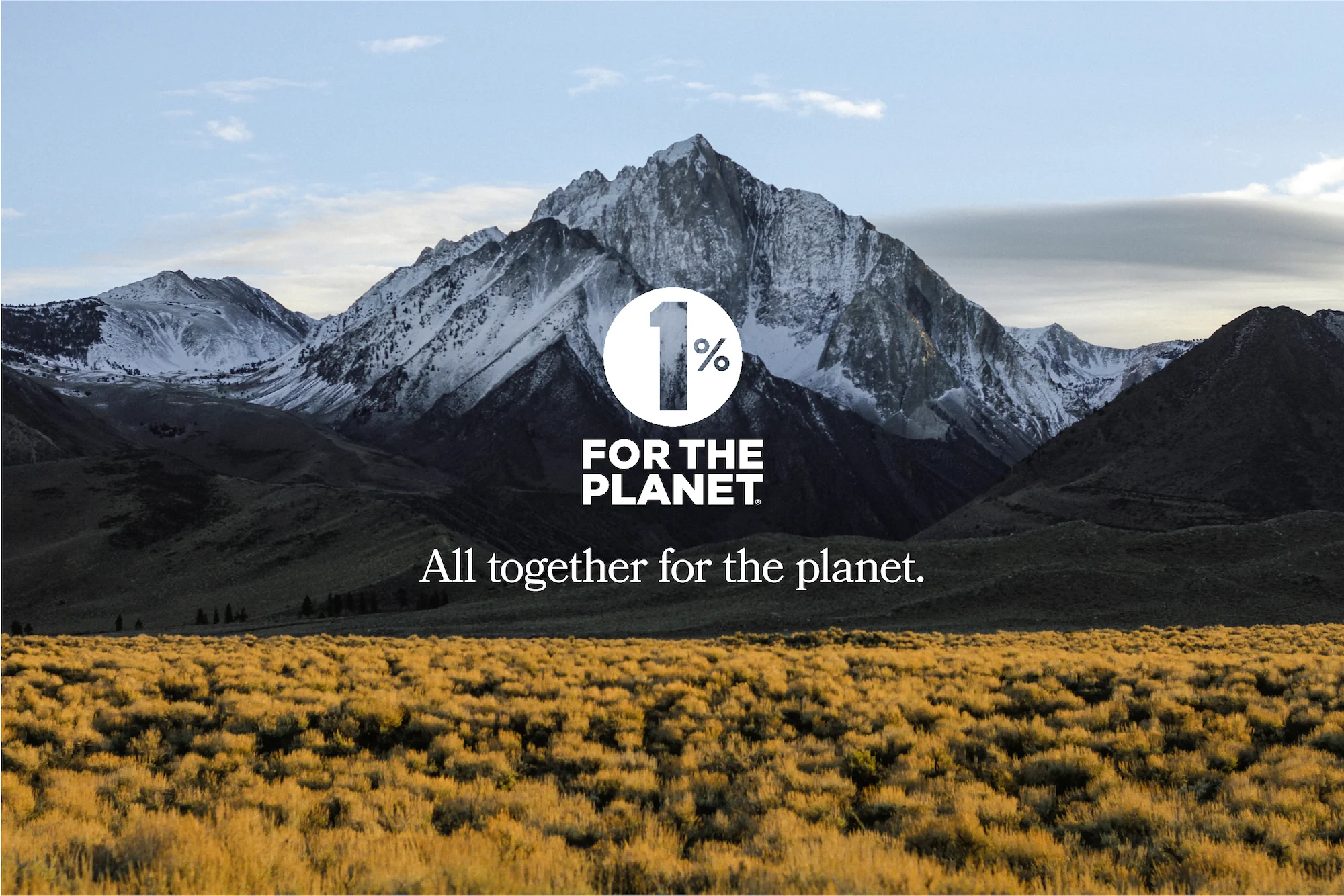 Mountain landscape with the 1% for the Planet logo and the tagline All together for the planet.